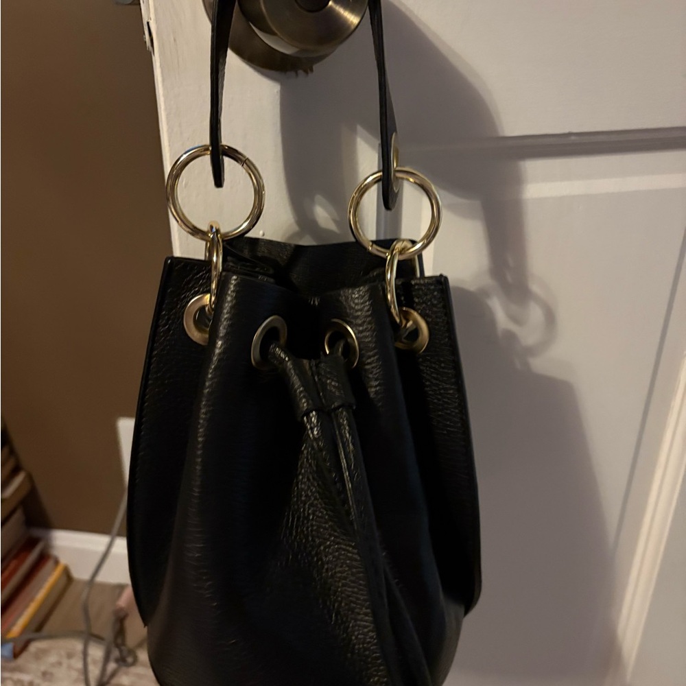 Classic Black Leather Bucket Bag with Gold Accents